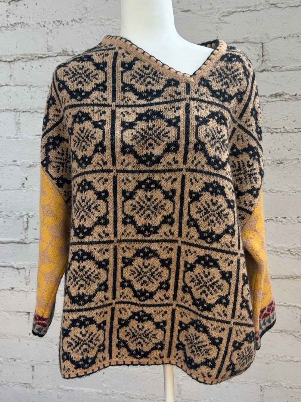 VINTAGE Zara Asymmetrical Neckline Jacquard Knit Patchwork Sweater Size XS—S